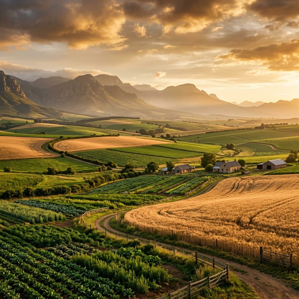 Organic farm landscape at golden hour